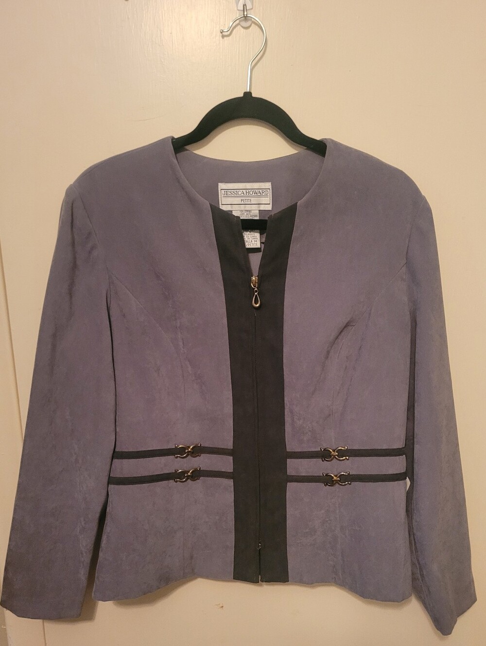 Jessica Howard Collarless Front Zip Jacket Grey With Black Trim Suede Size 14